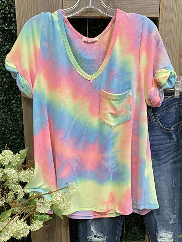 Bestdealfriday Multicolor Casual V Neck Ombretie Dye Cotton Shirts Tops 8899203