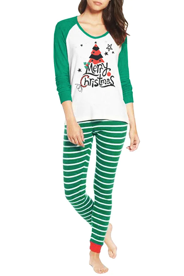 Long Sleeve Letter&Star Print Striped Christmas Pajama Set Green-elleschic
