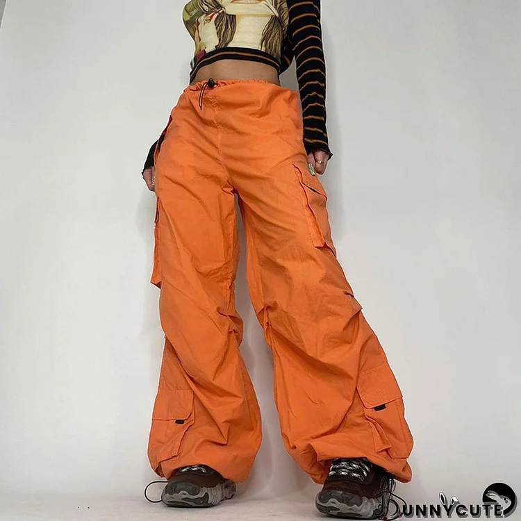 American Street Loose Big Pocket Zipper Woven Pants Elastic Waist Drawstring Cuffs Cargo Casual Trousers