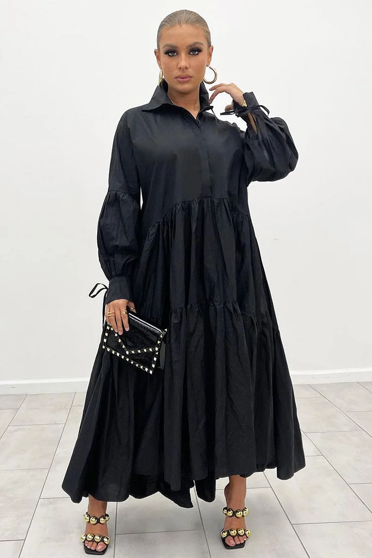 Puff Lace Up Sleeve Pleated Shirt Maxi Dresses