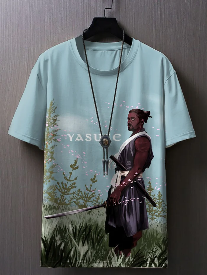 Men's Spring Black Samurai Watercolor Art Print Casual T-Shirt