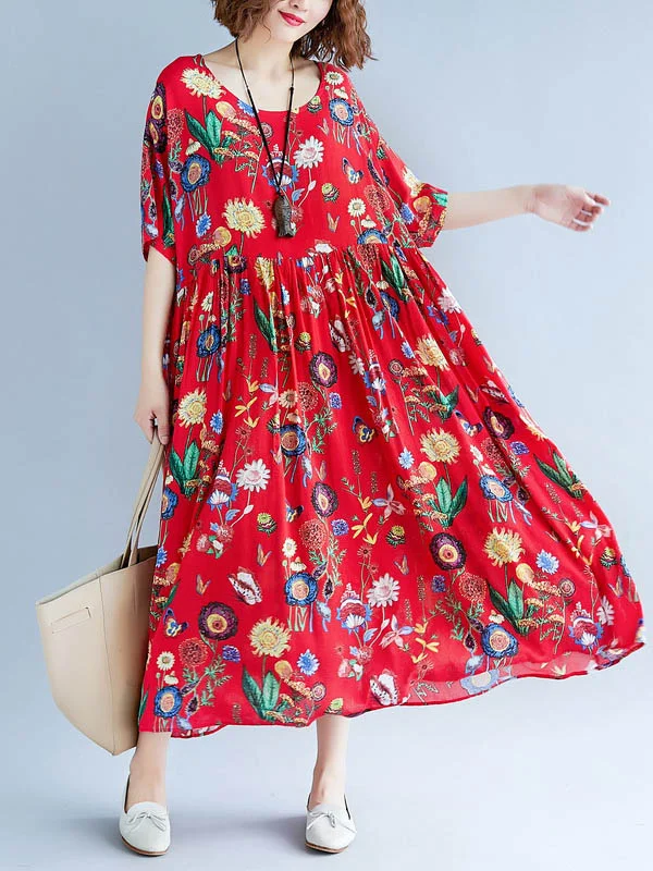 Vintage Roomy Pleated Floral Stamped Short Sleeves Midi Dress