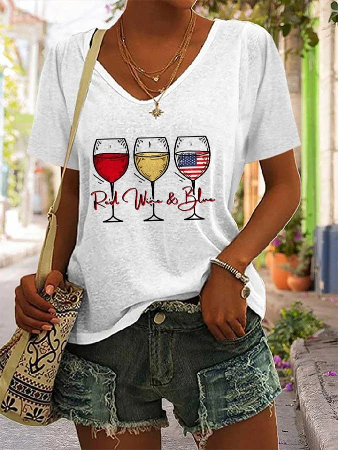 Red Wine And Blue Flag Print Women's T-shirt