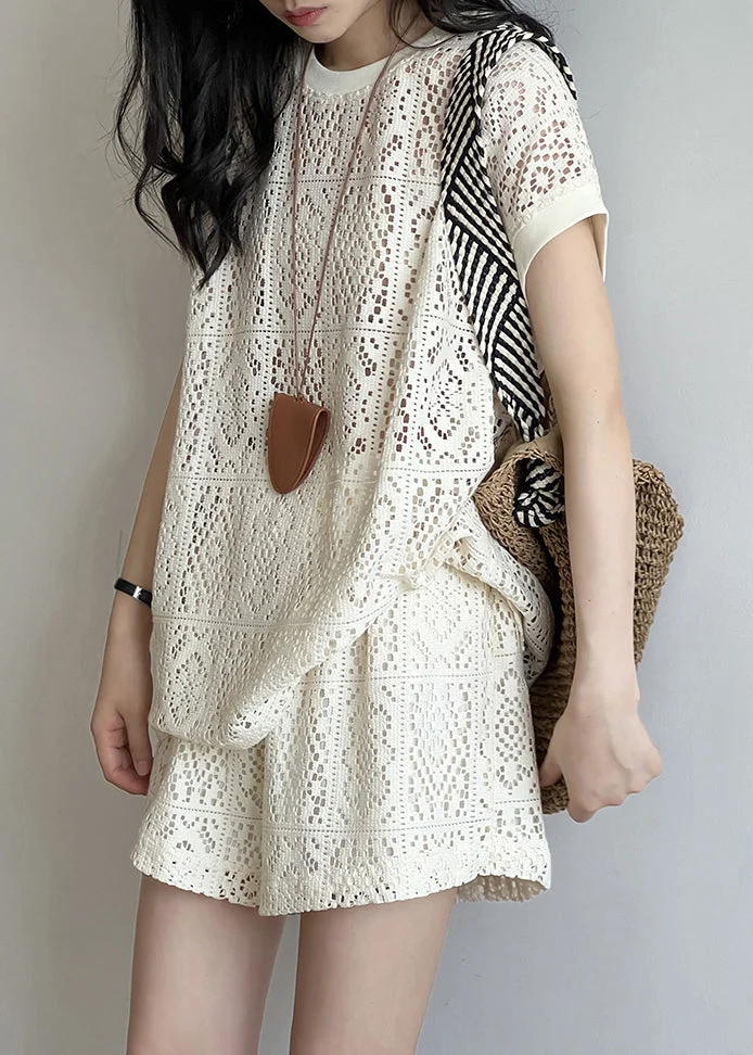 Casual Beige O-Neck Hollow Out Top And Shorts Two Pieces Set Summer