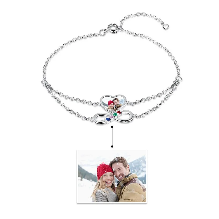 Heart Photo Bracelet Infinity Bracelet with 4 Birthstones Personalized Gift