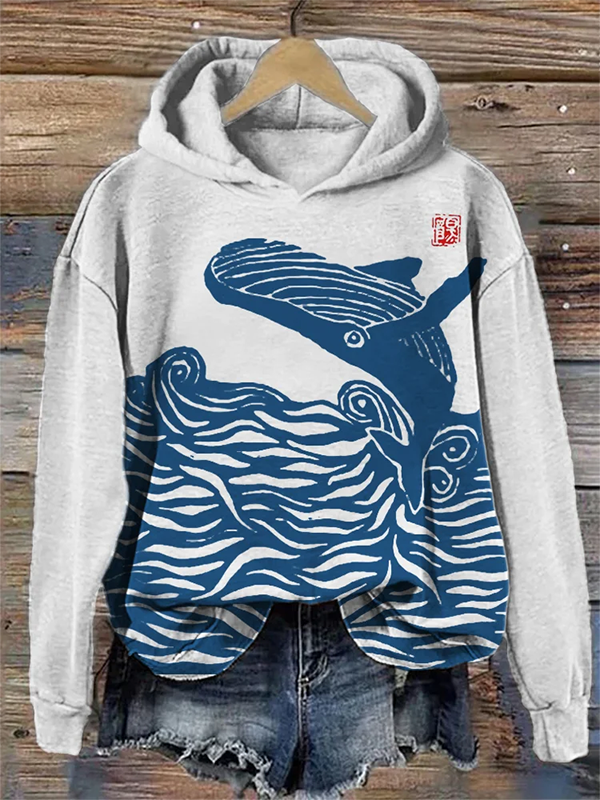 Women's Whale Breaching Sea Wave Print Ancient Art Cozy Hoodie