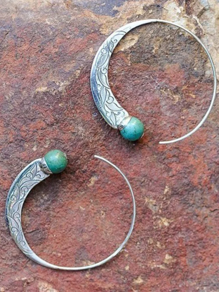 VChics Vintage Carving Crescent Turquoise Earrings