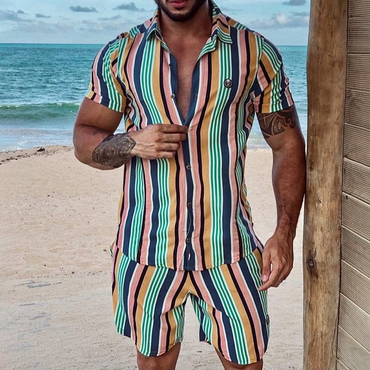 Men's Seaside Beach Stripe Print Suit Summer Casual Short Sleeve Shirt Shorts