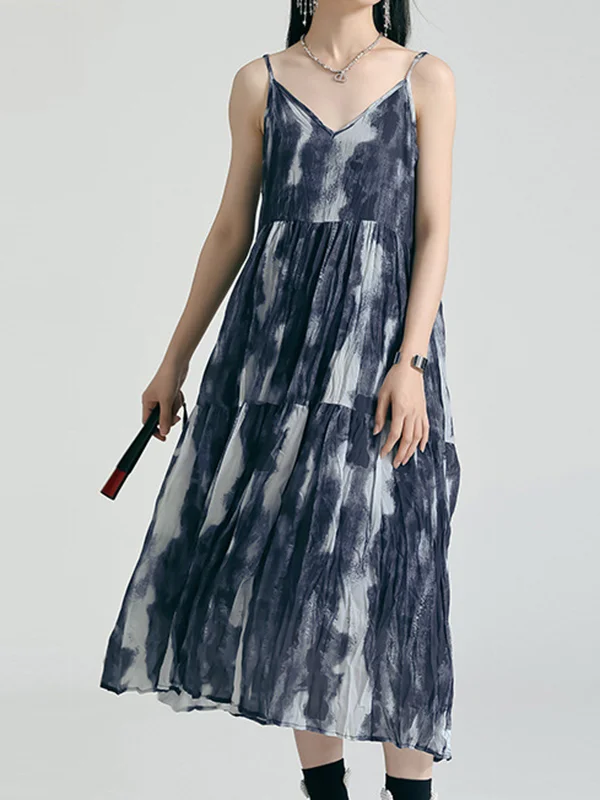 Roomy Sleeveless Contrast Color Spaghetti-Neck Midi Dresses