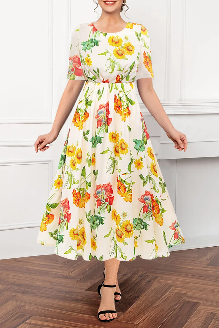 Flycurvy Plus Size Casual Yellow Floral Print Tunic Tea-Length Dress  Flycurvy [product_label]