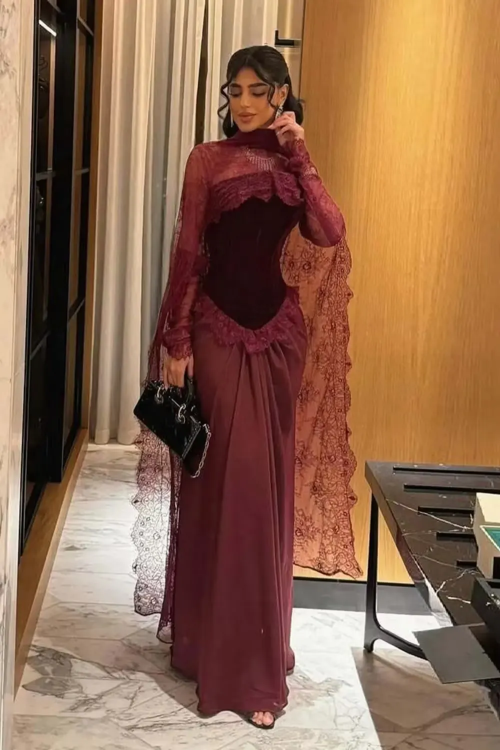 Lussooy High Neck Elegant Sheer Lace Cape Sleeves Corset Evening Dress