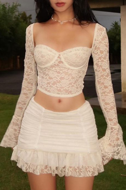 Lace Sweetheart Neckline Flared Sleeve Crop Top Ruched Ruffled Mini Skirt Matching Set-White