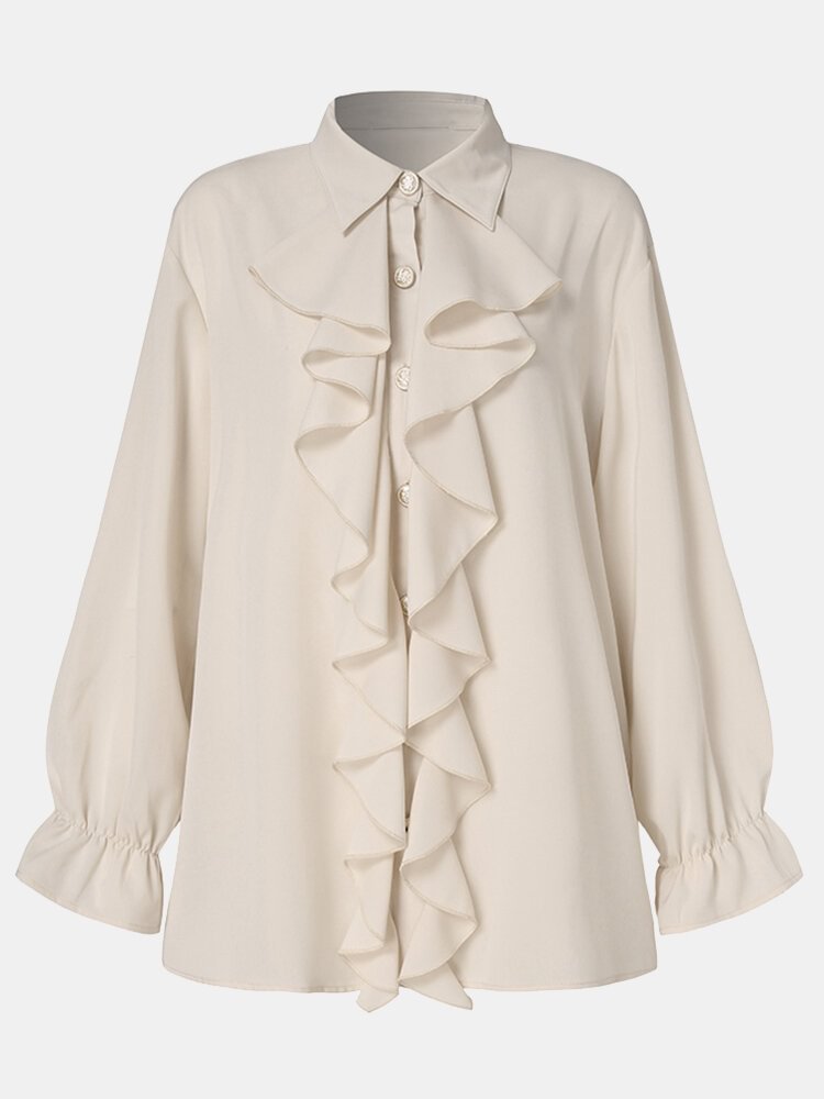 Women Solid Color Lapel Ruffle Patchwork Long Sleeve Casual Blouse P1803830