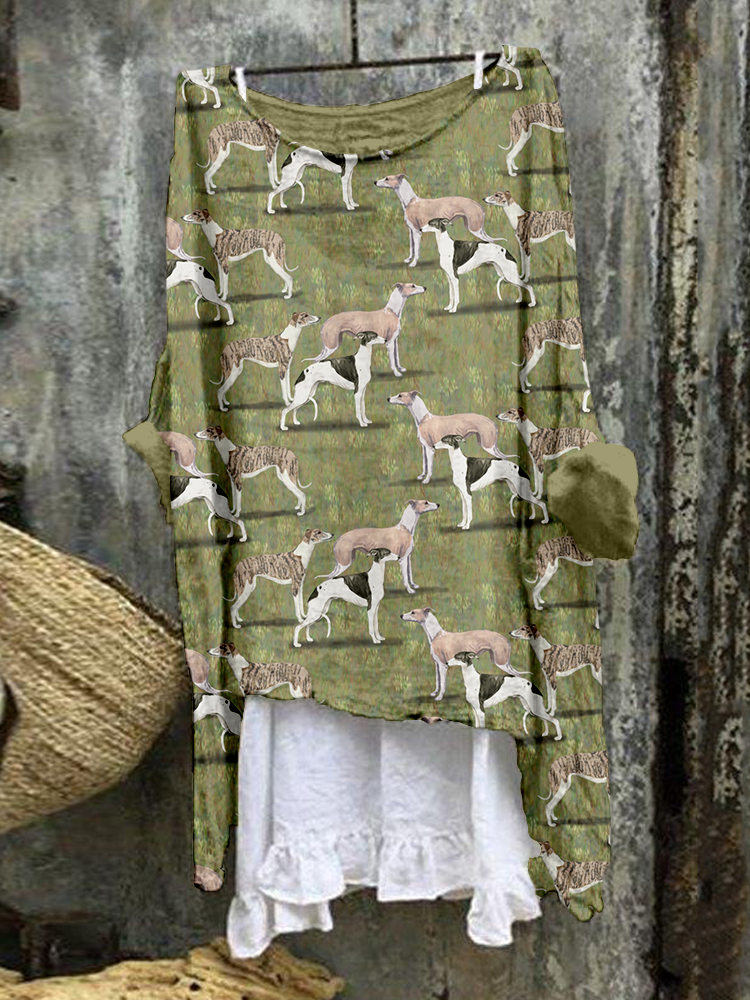 Lovely Whippets Pattern Linen Blend Flowy Tunic