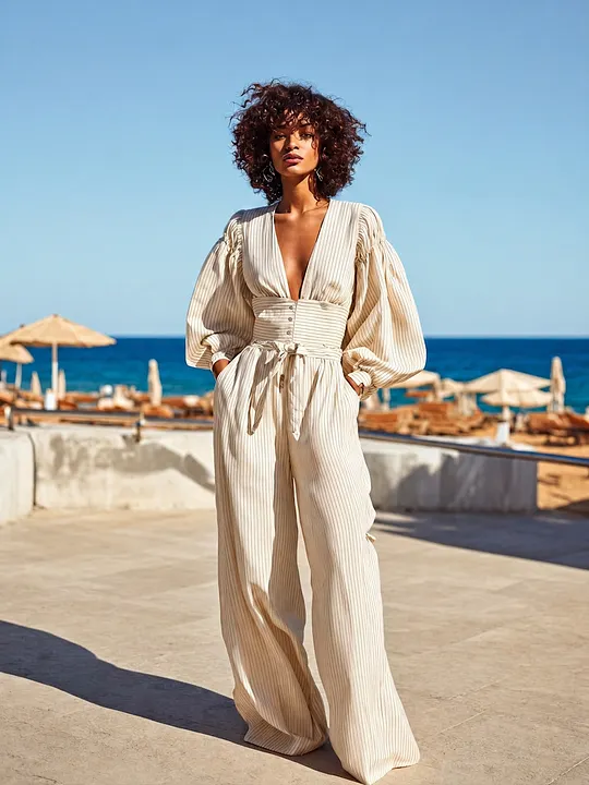 Women's Elegant Vacation-Style Off-White Striped V-Neck Balloon-Sleeve High-Waist Wide-Leg Jumpsuit MD