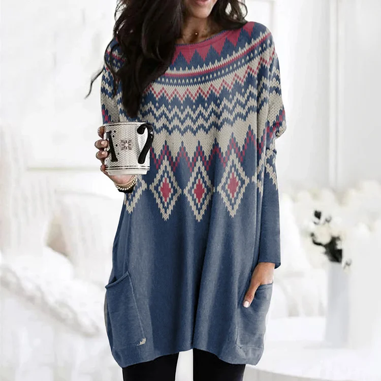 Vefave Fairman Island Vintage Sweater Pattern Print Pocket Tunic