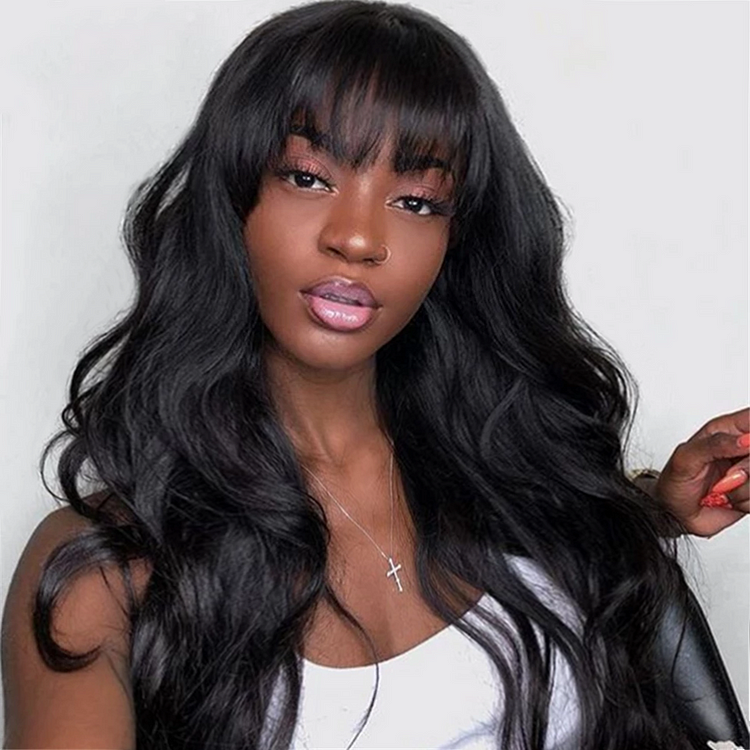 Black Long Hair Loose Deep Wave Wigs with Bangs for Black Women