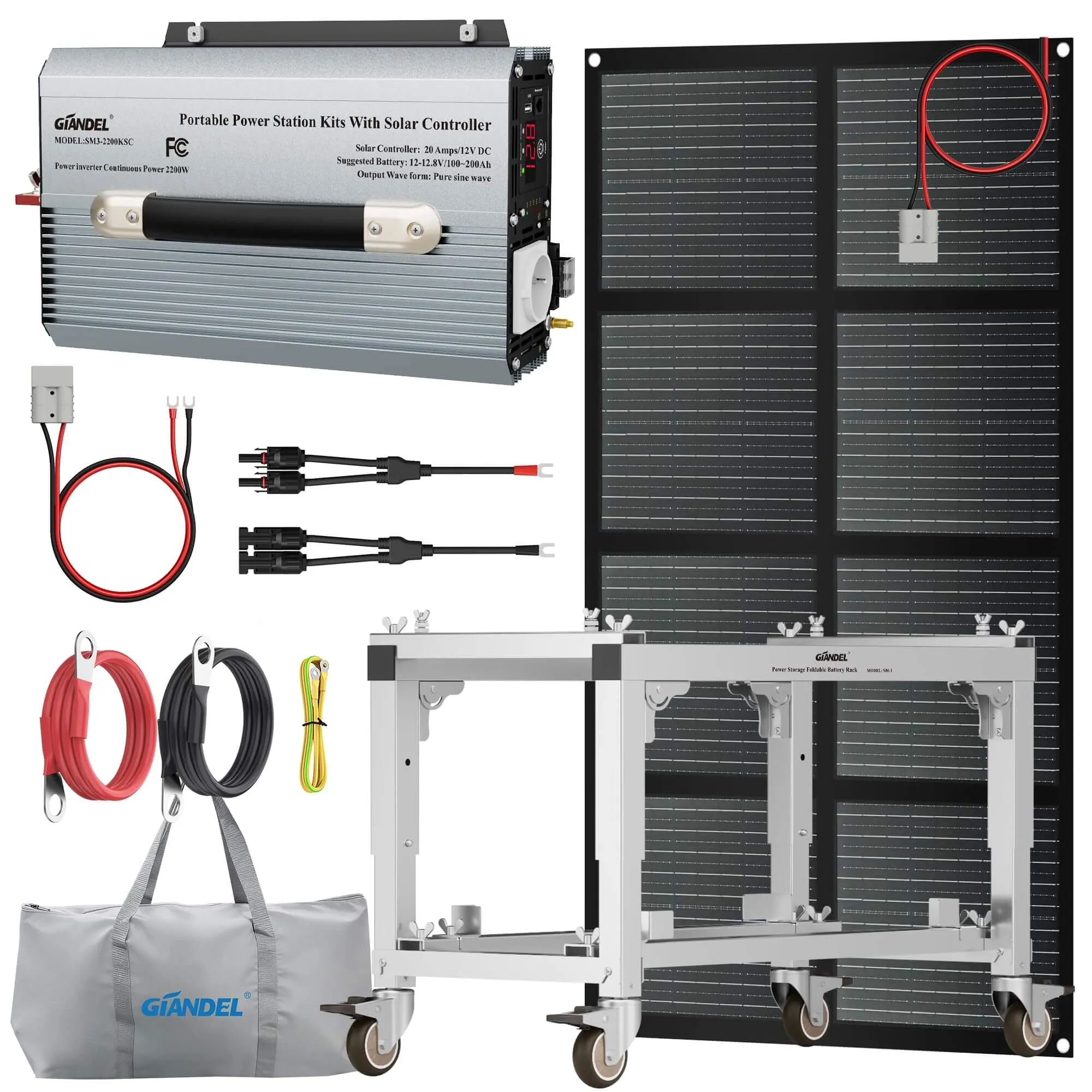 All-in-One-Solar-DIY-Set 2200W 12V tragbare Solarstromsystem-Kits: Faltbares Batteriegestell+2200W Reiner Sinus-Wechselrichter mit 20A Solarregler+Solarpanel+Aufbewahrungstasche