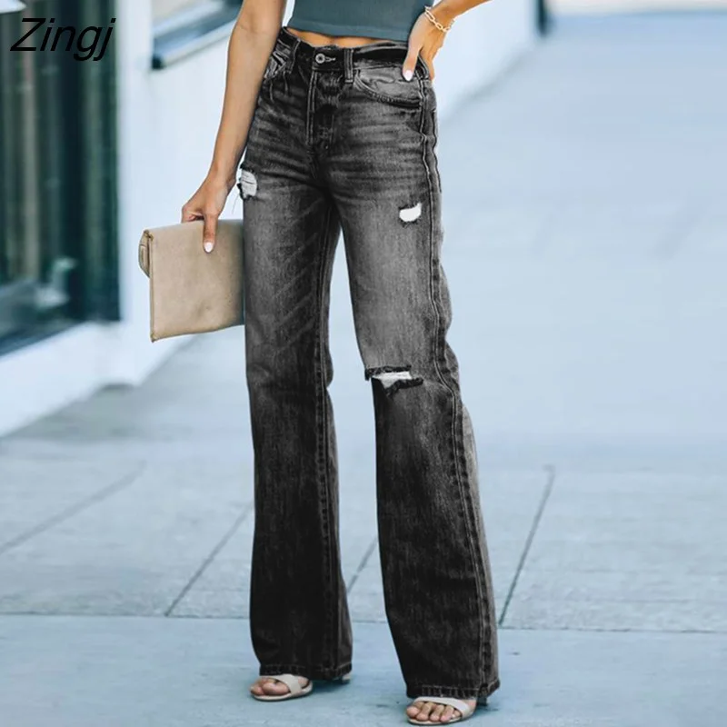 Zingj 2022 womens high waist ripped hole Women's Wide leg jeans baggy straight woman denim capris Pants jean mom jeans trousers