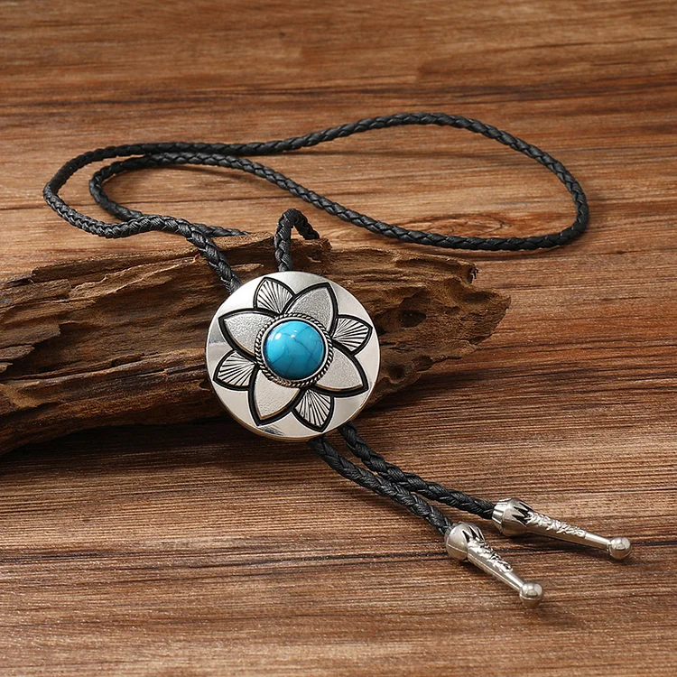 Antique Metal Inlaid Turquoise Leather Adjustable Bolo Tie