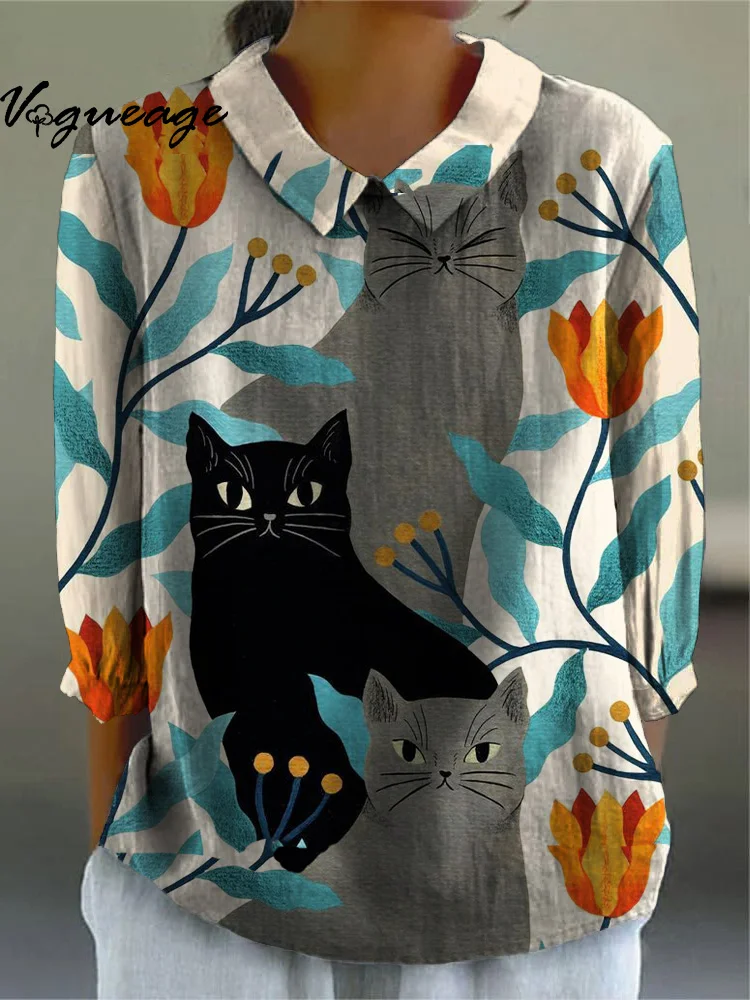 Elegant Plants And Cute Cats Printed Cotton And Linen Women Shirt