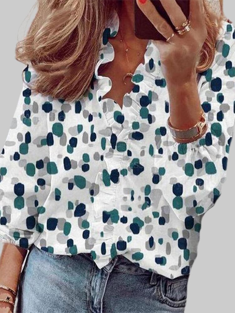 Vintage Printed Long Sleeve Ruffled Blouse For Women P1768098
