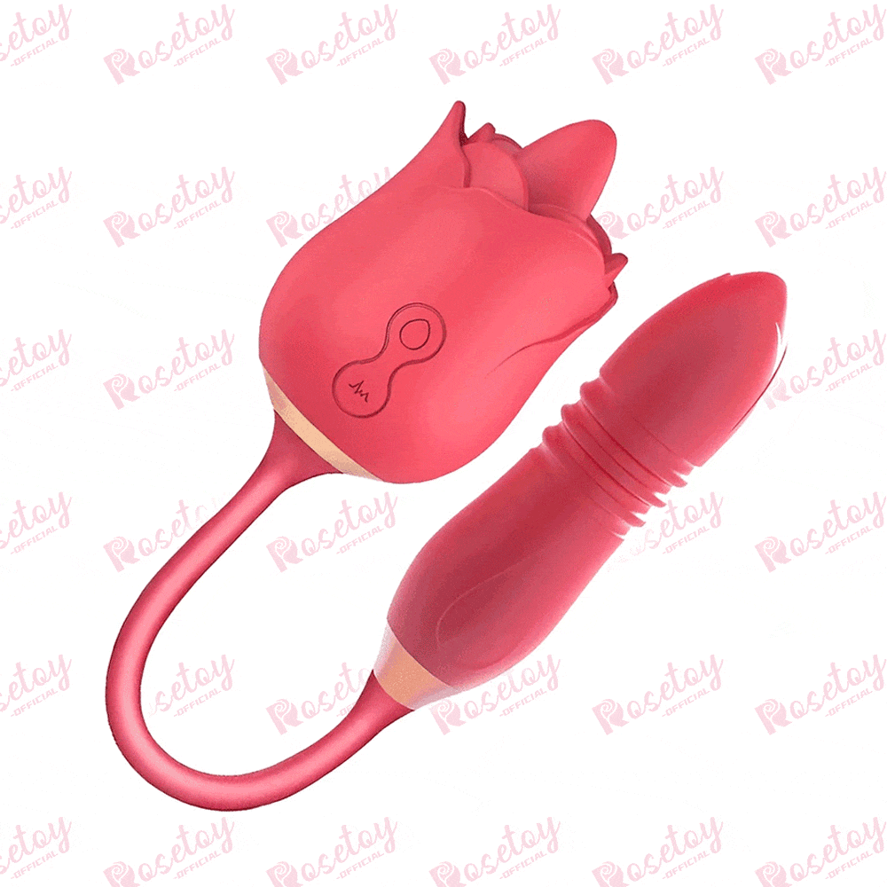 3 in 1 Tongue Licking Thrusting Vibrating Rose Pleaser - Rose Toy