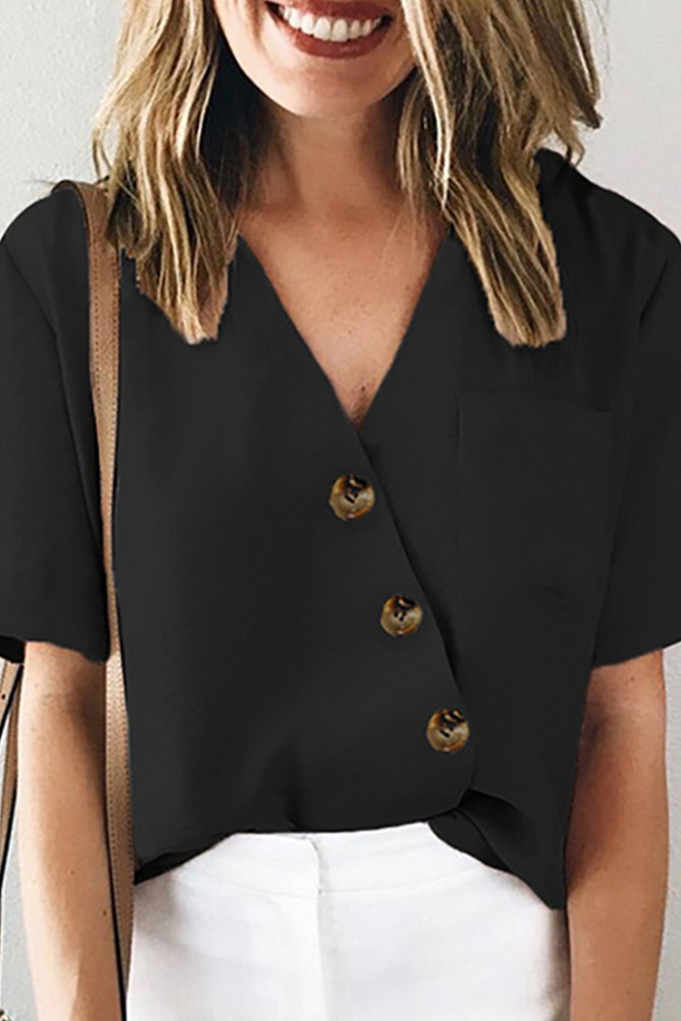 Casual Solid Buckle V Neck Tops(3 Colors) - Life is Beautiful for You - SheChoic