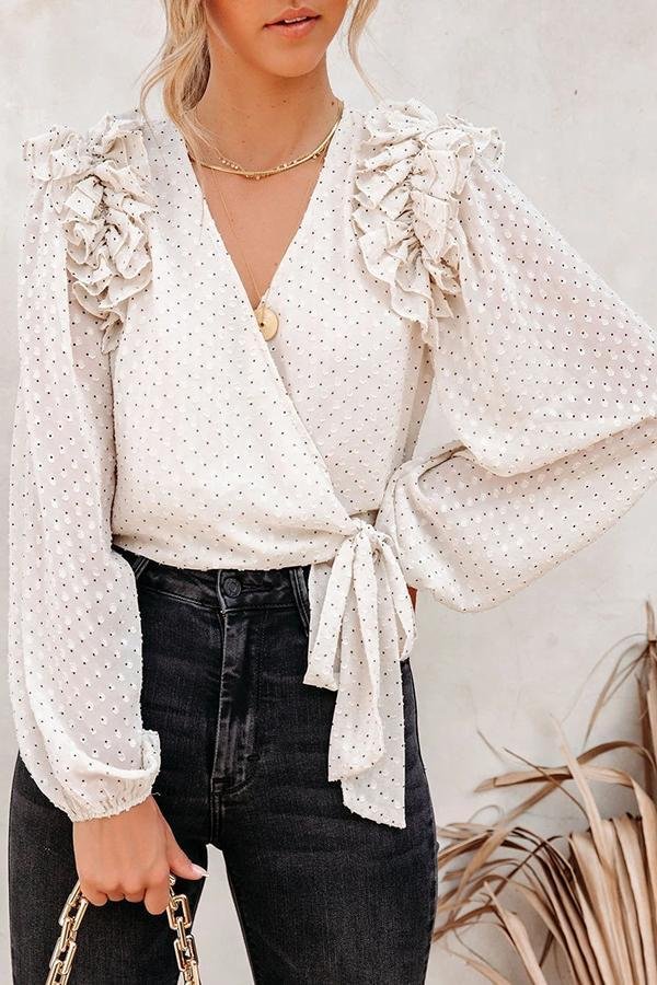 Chiffon Cross Tie Puff Sleeve Casual Shirt P10779