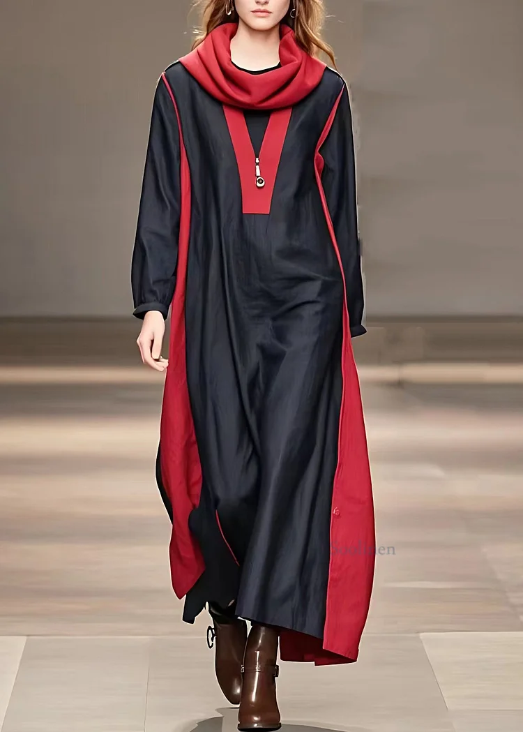 Natural Red Patchwork Black Zippered Maxi Dresses Fall