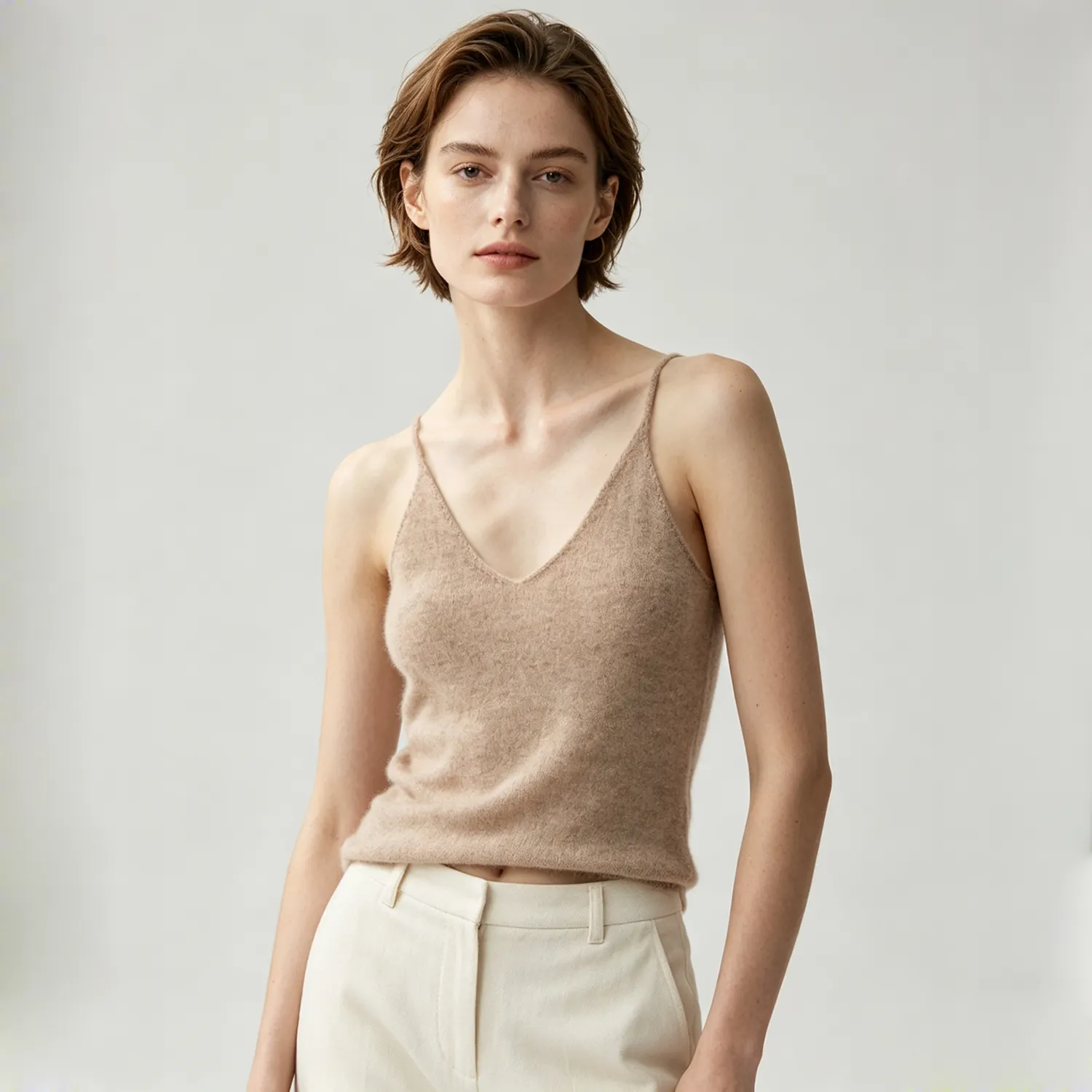 Cashmere Wool Blend Knit Tank V Neck Slim Fit Spaghetti Strap Autumn Layering Style REAL SILK LIFE