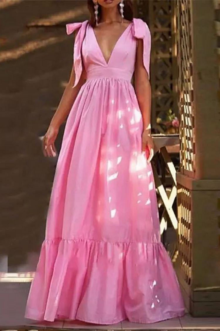 Casual Solid Bandage V Neck Cake Skirt Dresses(3 Colors)