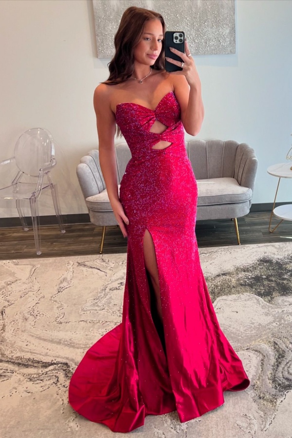 strapless open back dress Sparkly Sequined Prom Dress Sheath&Column High Slit V-Neck Formal Part –  Laxag main image 0