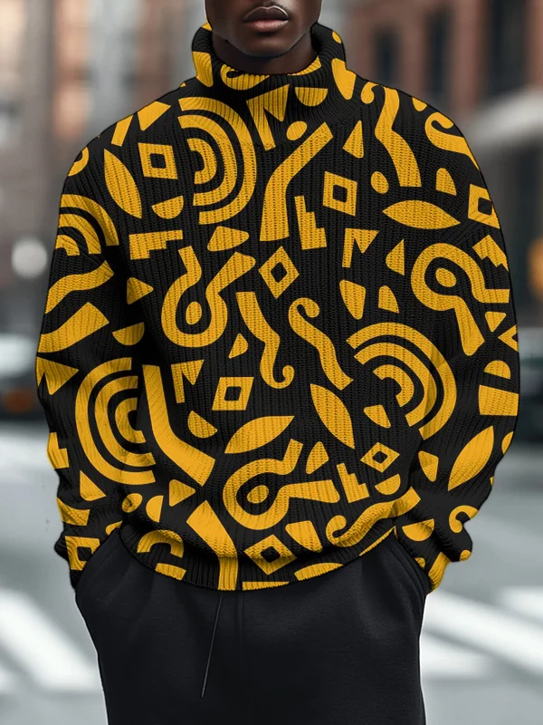 Men's Abstract Ethnic Pattern Art Print High Neck Knit Sweatshirt