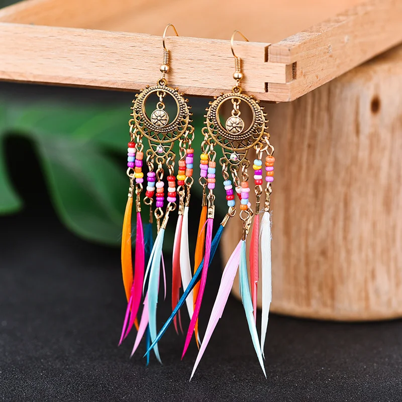 Colorful beads feather retro hollow tassel earrings