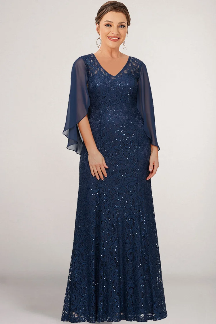 Flycurvy Plus Size Mother Of The Bride Navy Blue Chiffon Lace Sequin Double Layered Cape Maxi Dress  Flycurvy [product_label]