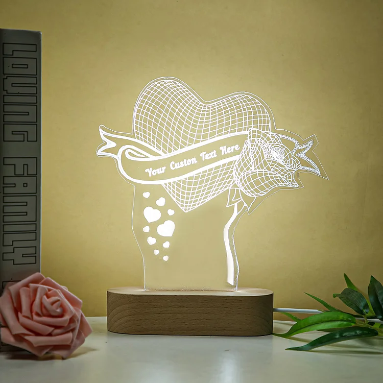 Personalized Rose Heart Night Light 3D Lamp Gift for Family