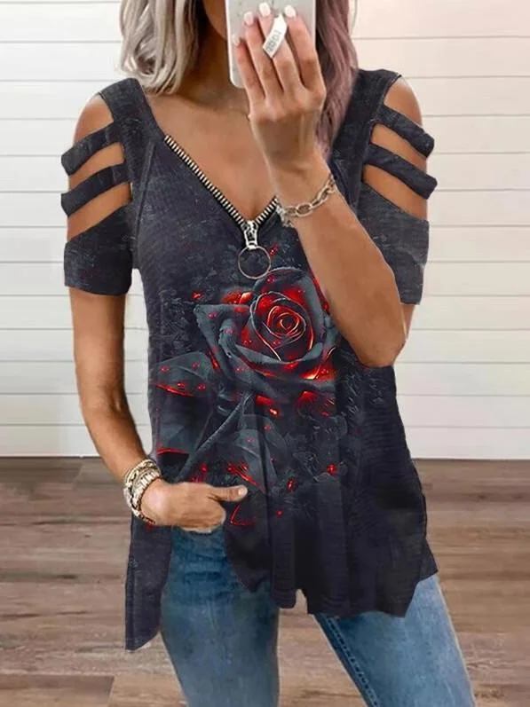 Women Short Sleeve V-neck Printed Hollow Loose Top