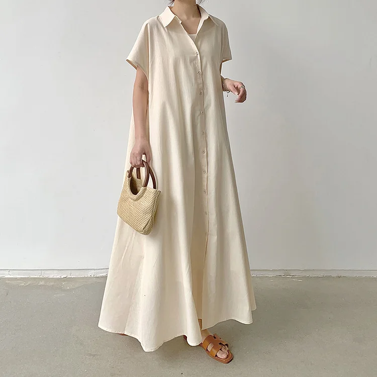 Loose Cotton Linen Lapel Short Sleeve Maxi Dress