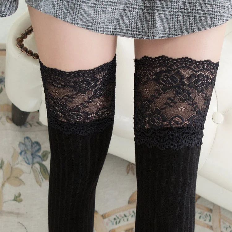 Mesh Lace Thigh-High Crimping Socks
