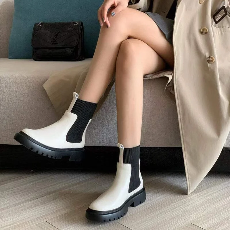 Platform Ankle Boots Leather Chelsea Boots Retro Round Toe Slimming Boots in White/Black