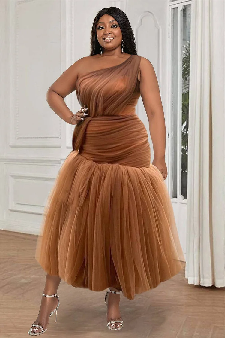 Plus Size Brown Evening Skew Neck Tulle Patchwork Sleeveless Maxi Dresses