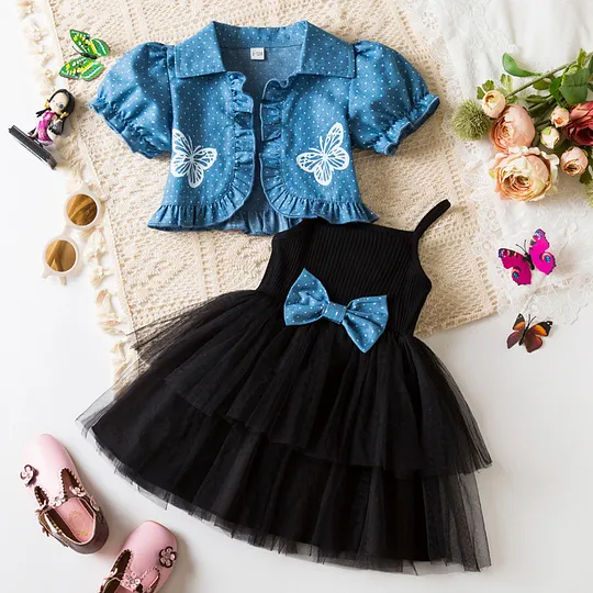 【9M-3Y】Girls' Butterfly Print Top + Strap Patchwork Tulle Dress 2-Piece Set