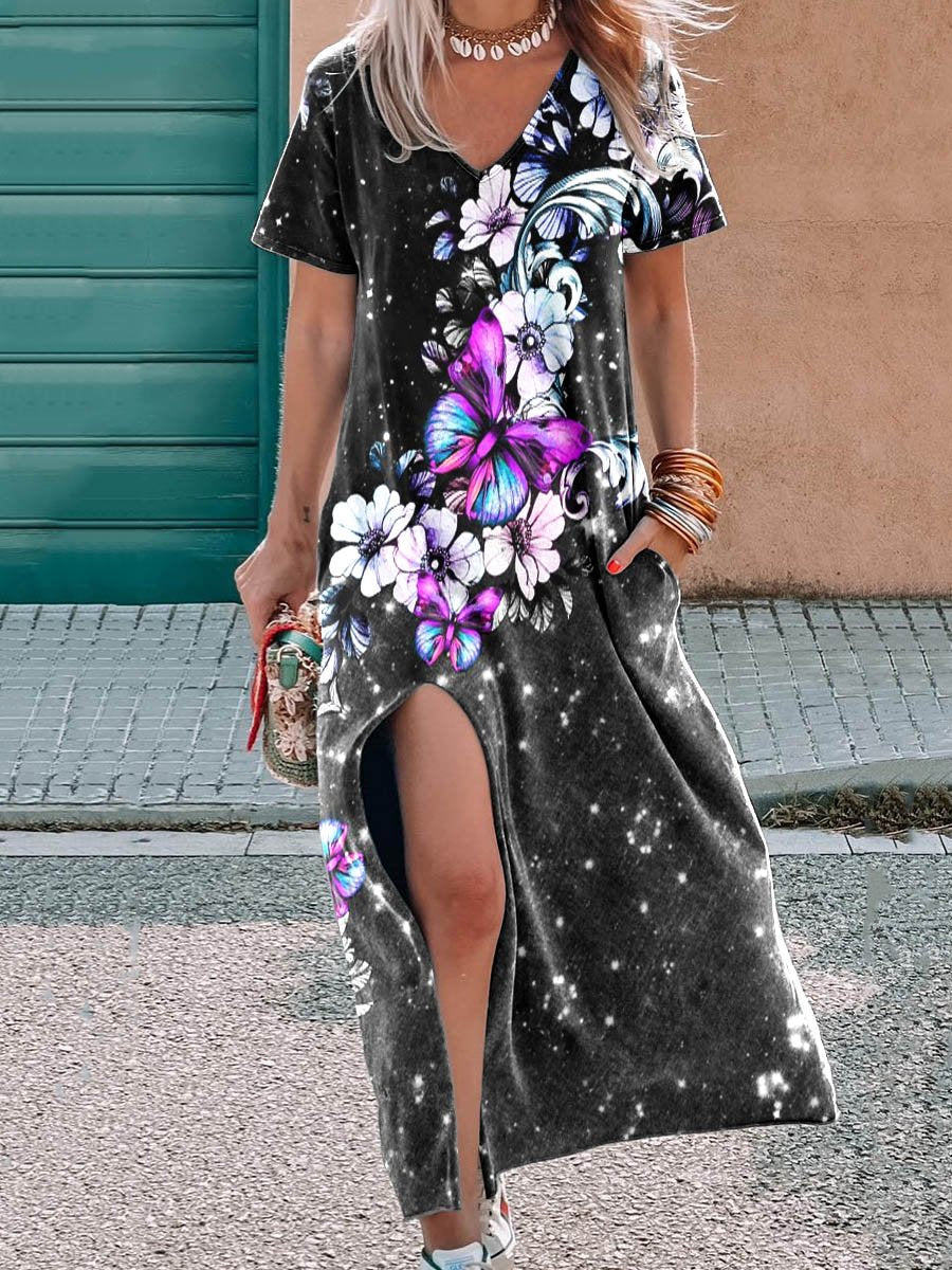 Women's Floral Art Print V-Neck Casual Maxi Dress