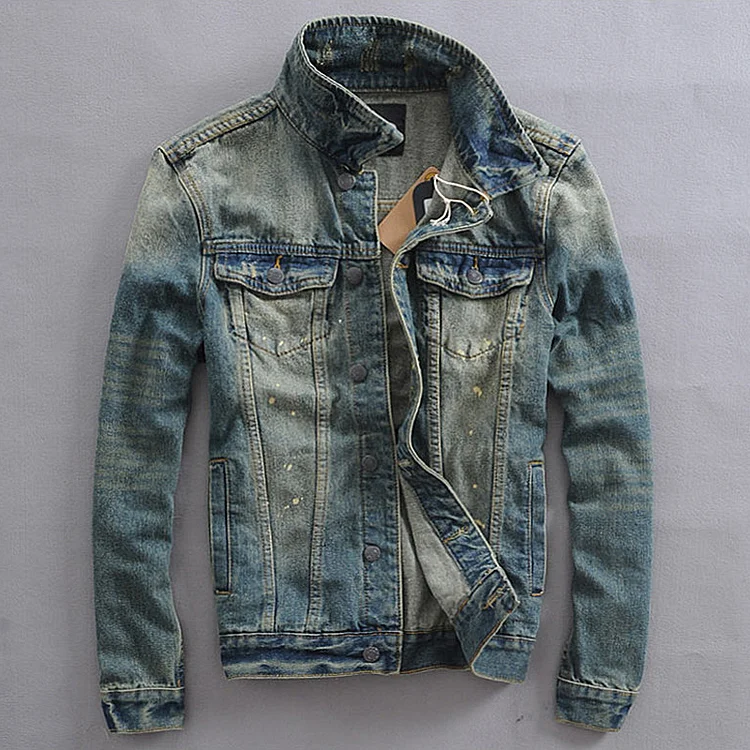 Vintage Distressed Slim Fit Stretch Denim Jacket