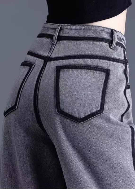 Vintage Grey Pockets High Waist Warm Fleece Pants Spring