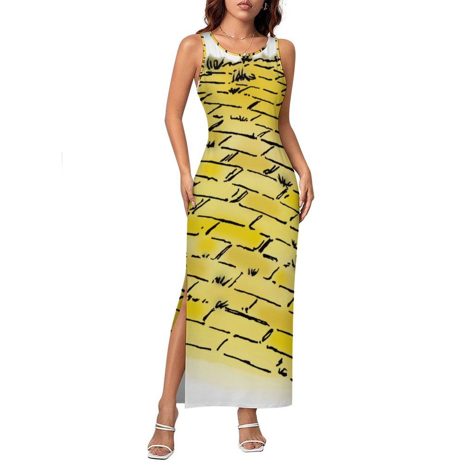 Women Vintage Wizard of oz Yellow Brick Road Print Summer Sleeveless Dress Party A Line T-Shirt Dresses Vintage-2XL