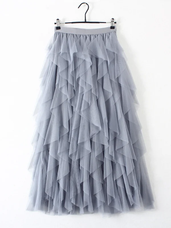 Original Irregular Mesh 4 Colors Falbala Pleated Elasticity Skirt