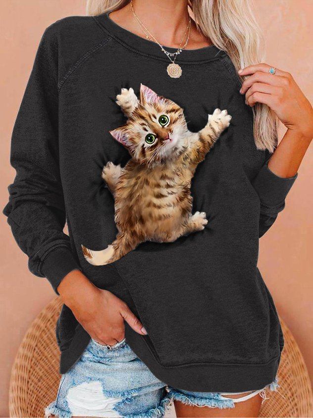 Womens Funny Cat Stuck On SweaterShirt Casual Crew Neck Sweatshirts socialshop