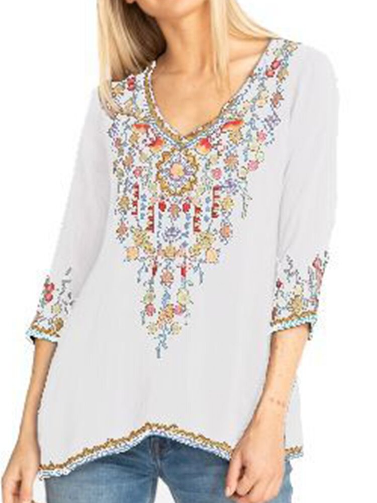 Embroidered Half Sleeve V neck Ethnic Blouse For Women P1527141